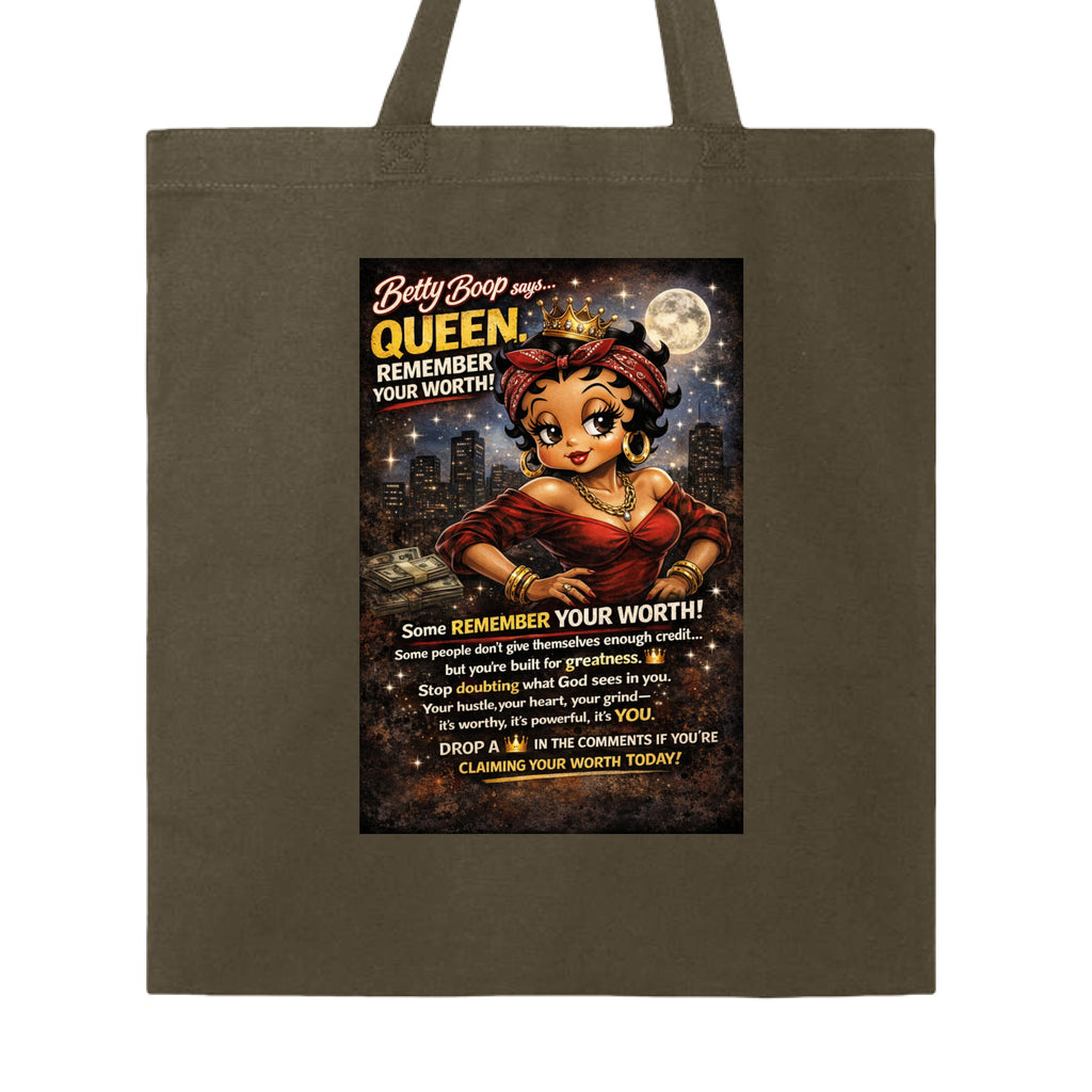 An olive green canvas tote bag with a large printed graphic on the front featuring Betty Boop and the text 'Queen. Remember your worth!'.